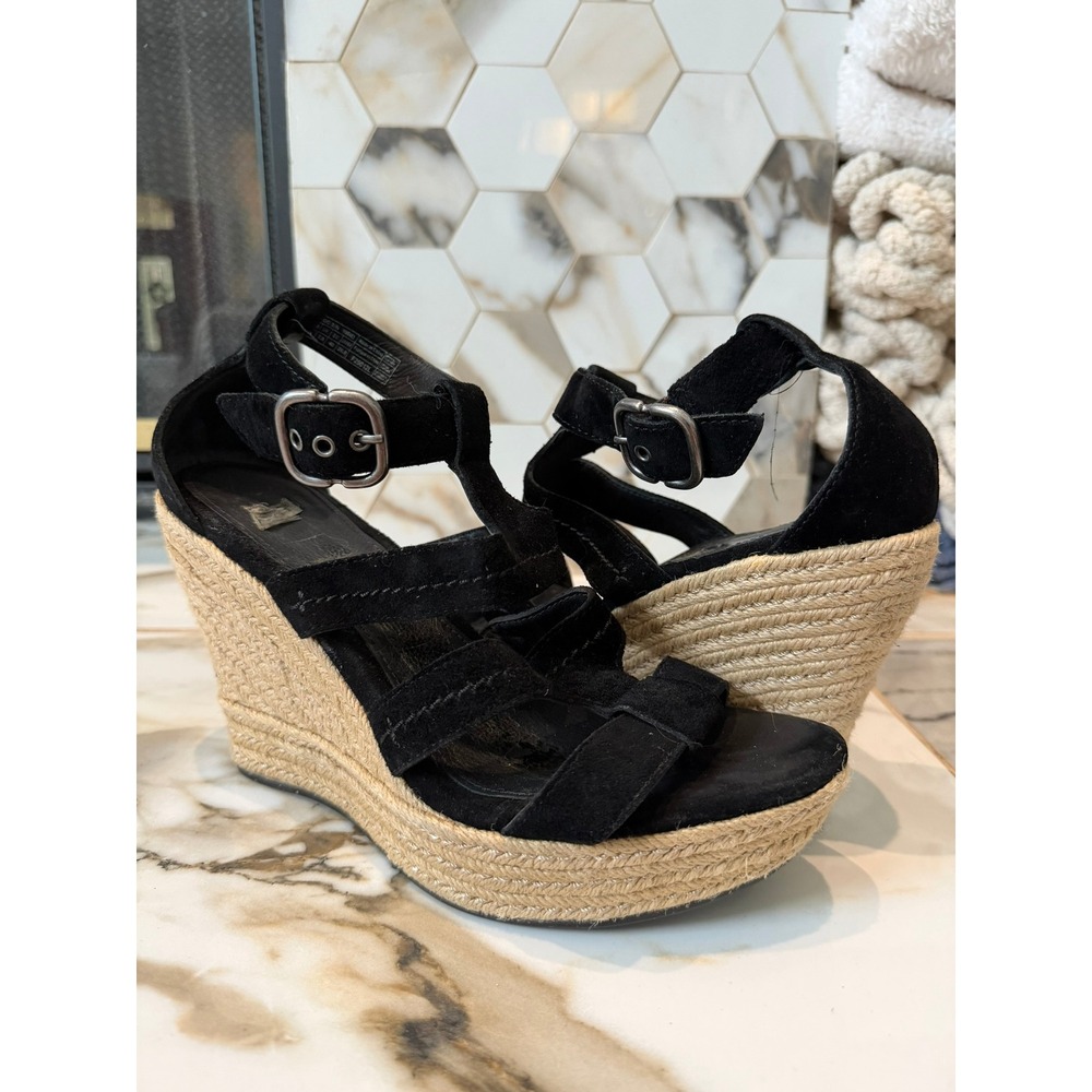 UGG Lucianna Wedge Sandals Womens 9.5 Black Suede Espadrille Platform Strappy
